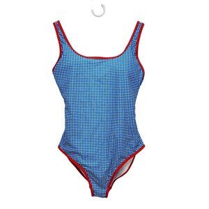Blue & White Gingham One-Piece Swimsuit With Red Trim Size L